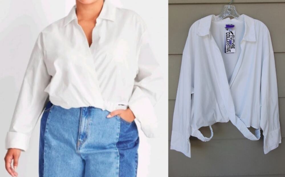 Future Collective Kahlana Target Long Sleeve Faux Wrap Crop Top Shirt White 4XL